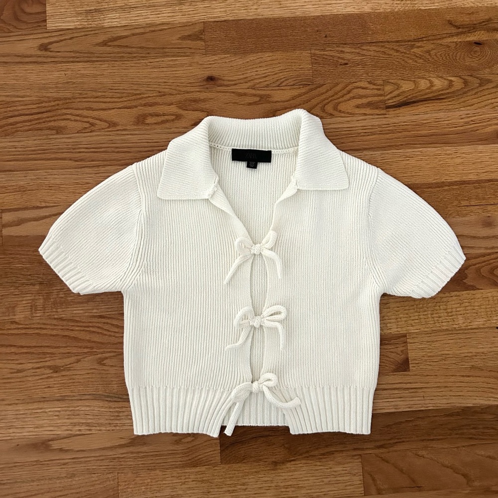 Zara Knit Bow Tie Short Sleeve Cardigan Cream